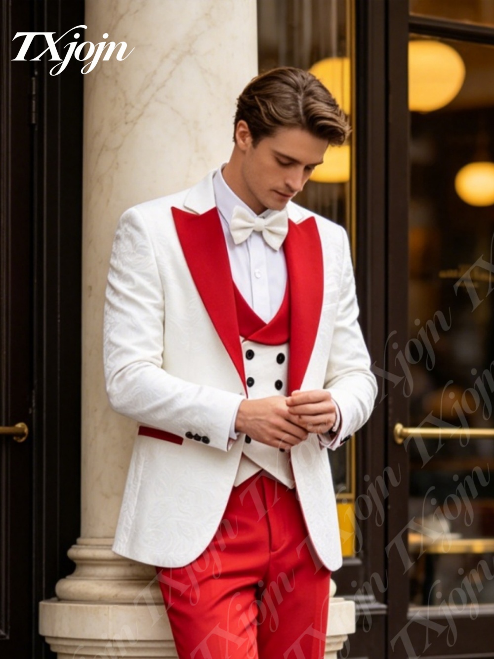 Men Formal Wear Red - Premium White Jacquard 3PCS Formal Tuxedo