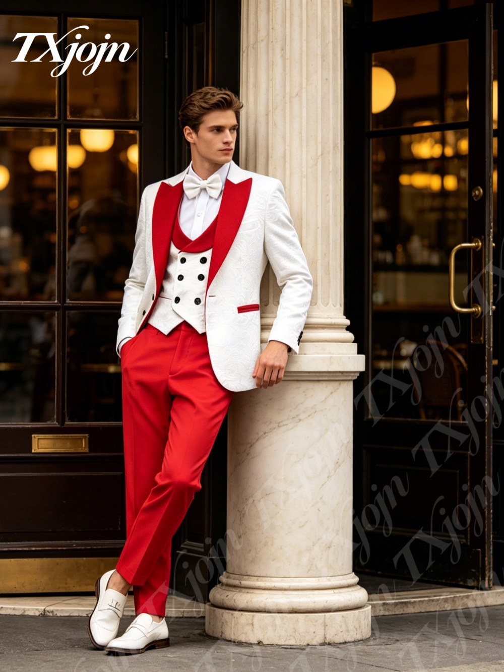 Premium White Jacquard 3PCS Fo - đánh giá và giá Men Formal Wear Red